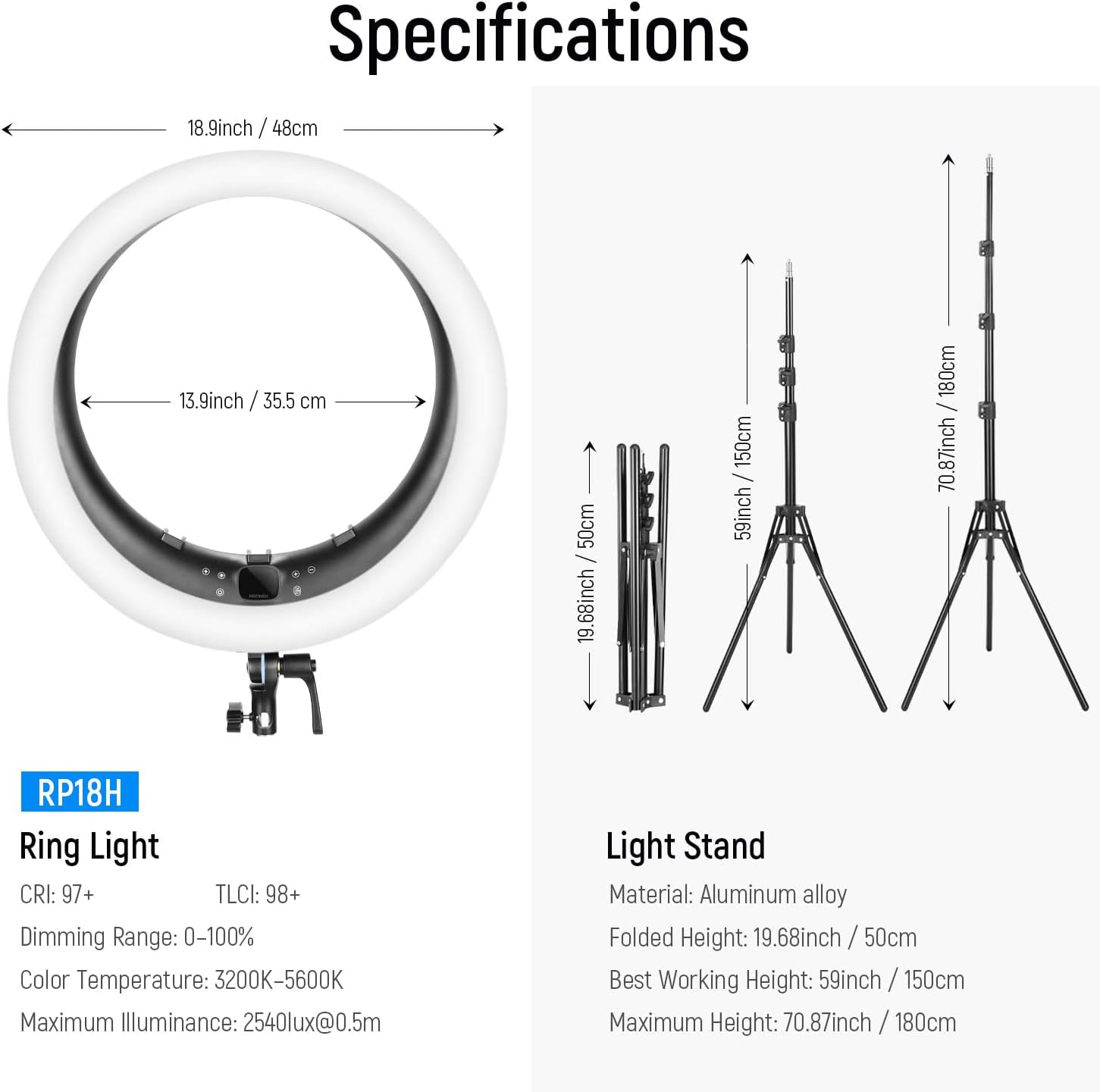 NEEWER Ring Light RP19H 19 inch with Tripod Stand 3 Phone Holders Compatible with iPhone, Upgraded 2.4G Touch Control Ringlight for Video Recording Streaming Home Office Zoom Selfie Makeup Lighting