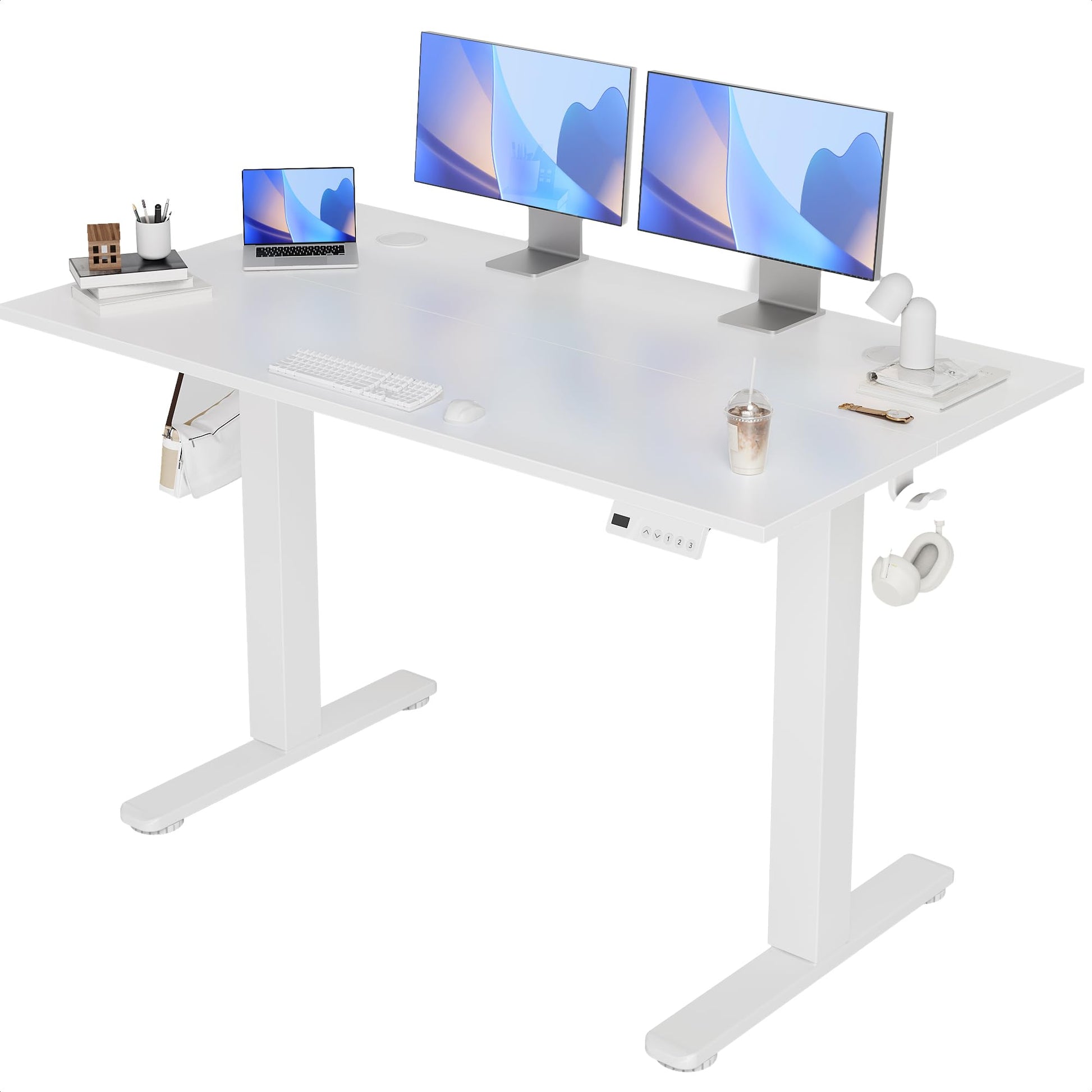 Claiks Electric Standing Desk 140x60cm Height Adjustable Desk with 3 Memory Presets & Sit Stand Reminder, Quiet Home Office Computer Desk with LED Display, Cable Holes & Hooks, White