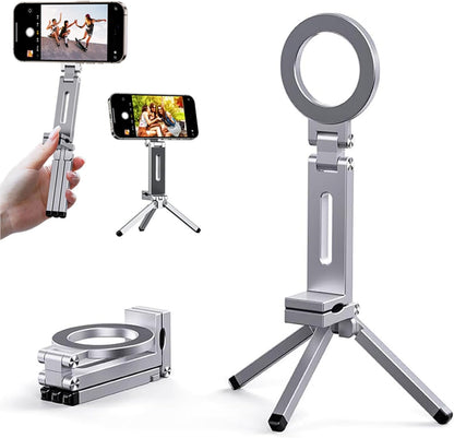 Magnetic Phone Tripod Stand, Portable Selfie Stick Tripod Magic Clip & N52 Magnet, Universal Clip Mount for iPhone & Android, 360° Adjustable for Vlog, Travel, Car, Desktop Use (Silver)