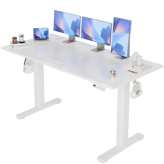 Claiks Electric Standing Desk 140x60cm Height Adjustable Desk with 3 Memory Presets & Sit Stand Reminder, Quiet Home Office Computer Desk with LED Display, Cable Holes & Hooks, White