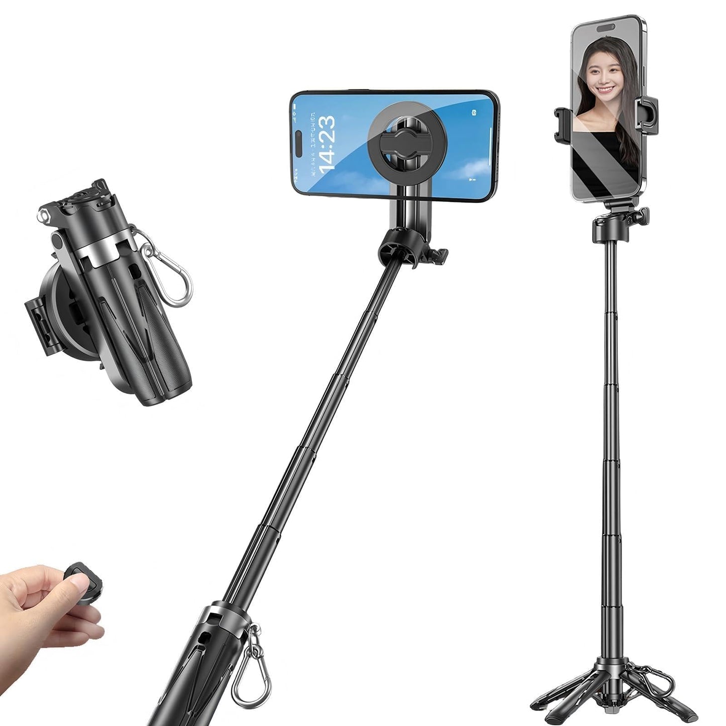 Magnetic Phone Tripod Stand, Portable Selfie Stick Tripod Magic Clip & N52 Magnet, Universal Clip Mount for iPhone & Android, 360° Adjustable for Vlog, Travel, Car, Desktop Use (Silver)