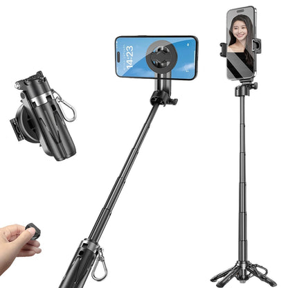 Magnetic Phone Tripod Stand, Portable Selfie Stick Tripod Magic Clip & N52 Magnet, Universal Clip Mount for iPhone & Android, 360° Adjustable for Vlog, Travel, Car, Desktop Use (Silver)