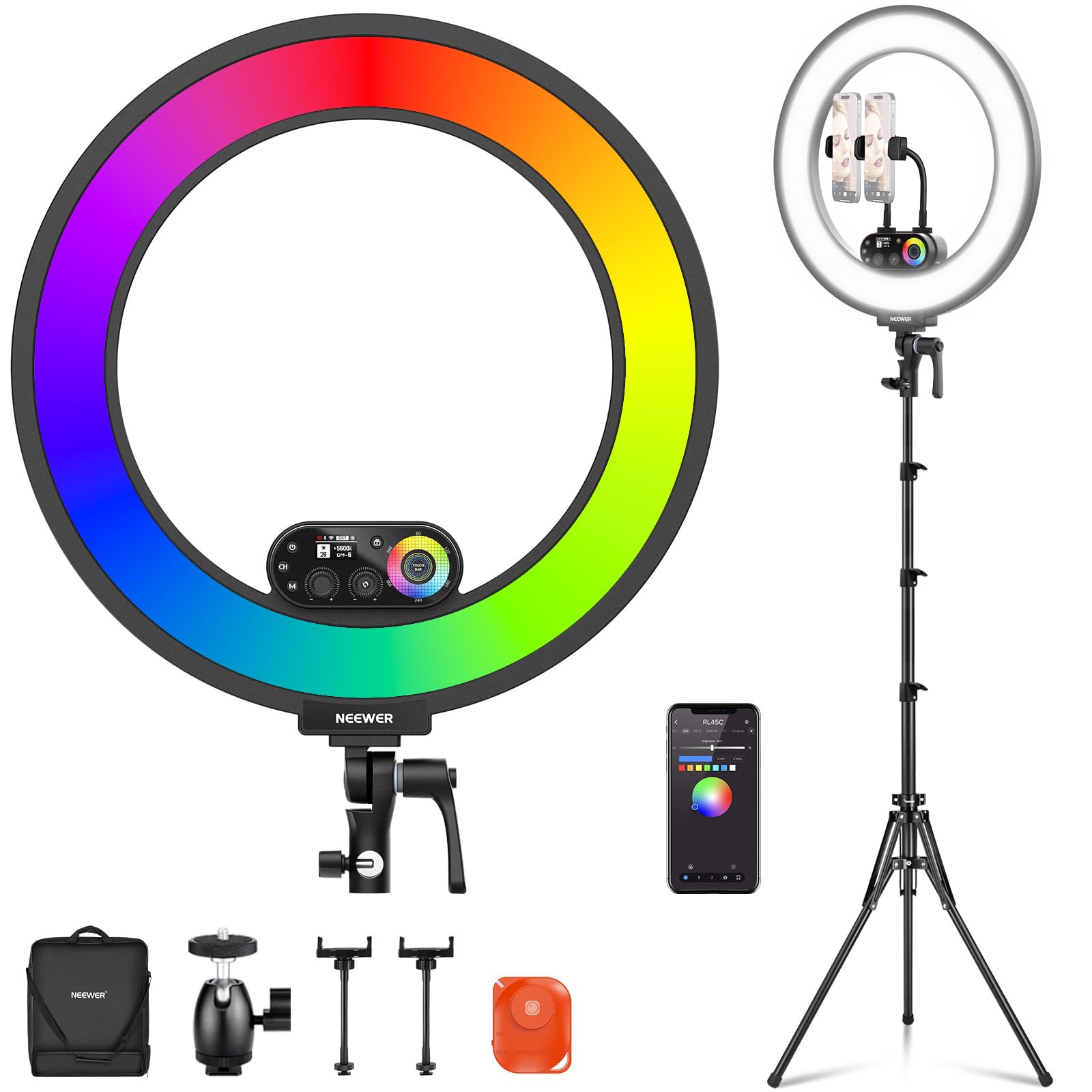 NEEWER Ring Light RP19H 19 inch with Tripod Stand 3 Phone Holders Compatible with iPhone, Upgraded 2.4G Touch Control Ringlight for Video Recording Streaming Home Office Zoom Selfie Makeup Lighting