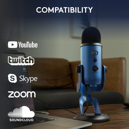 Logitech for Creators Blue Yeti USB Microphone for Recording, Streaming, Gaming, Podcasting on PC and Mac, Condenser Mic for Laptop or Computer with Blue VO!CE Effects, Adjustable Stand - Blue