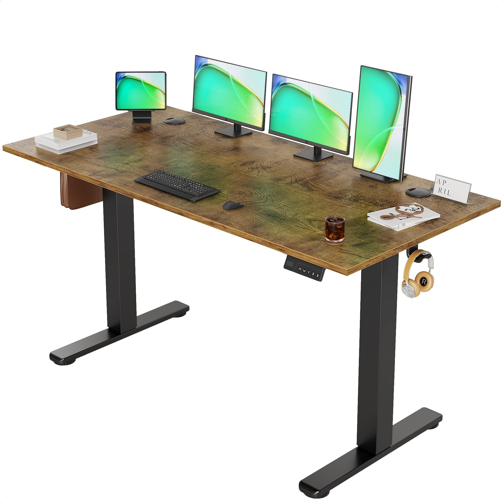 Claiks Electric Standing Desk 140x60cm Height Adjustable Desk with 3 Memory Presets & Sit Stand Reminder, Quiet Home Office Computer Desk with LED Display, Cable Holes & Hooks, White