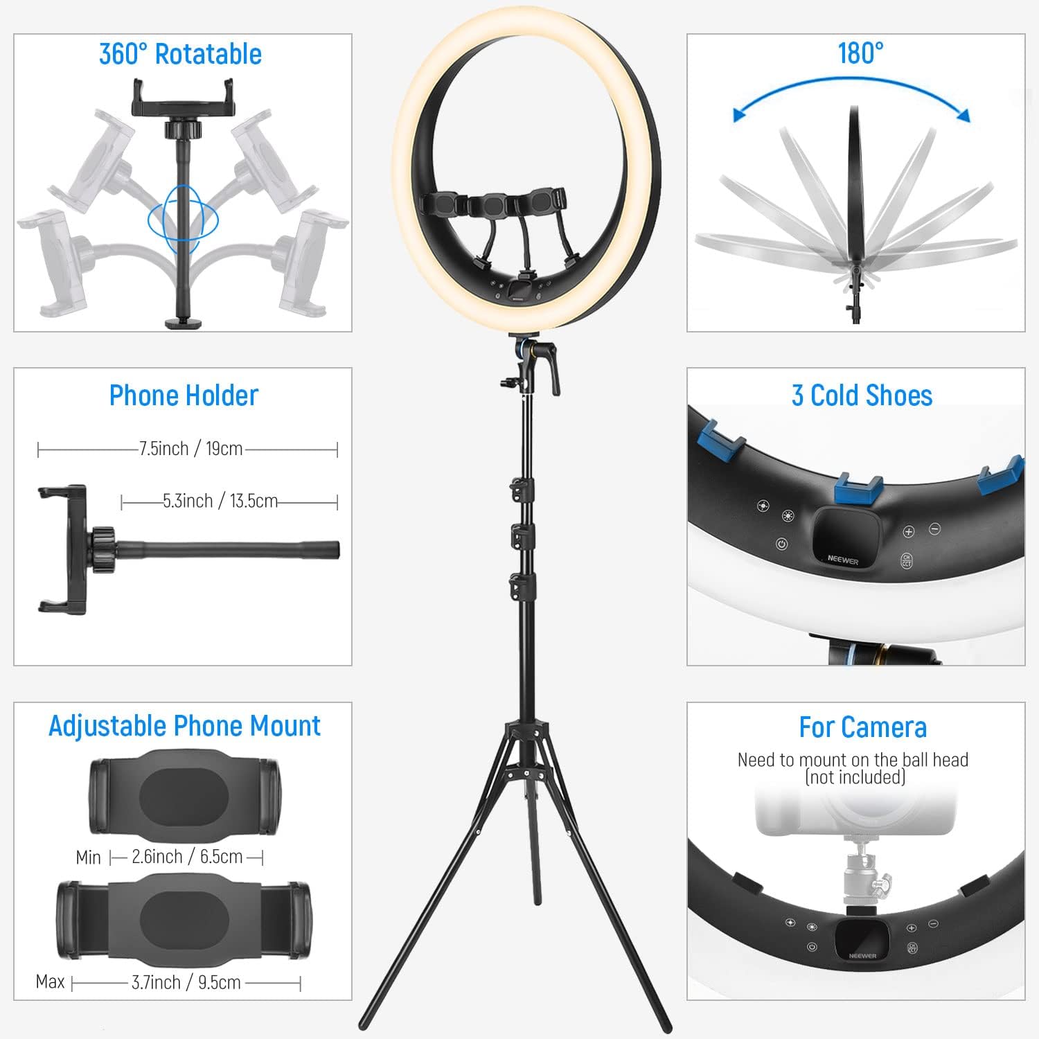 NEEWER Ring Light RP19H 19 inch with Tripod Stand 3 Phone Holders Compatible with iPhone, Upgraded 2.4G Touch Control Ringlight for Video Recording Streaming Home Office Zoom Selfie Makeup Lighting