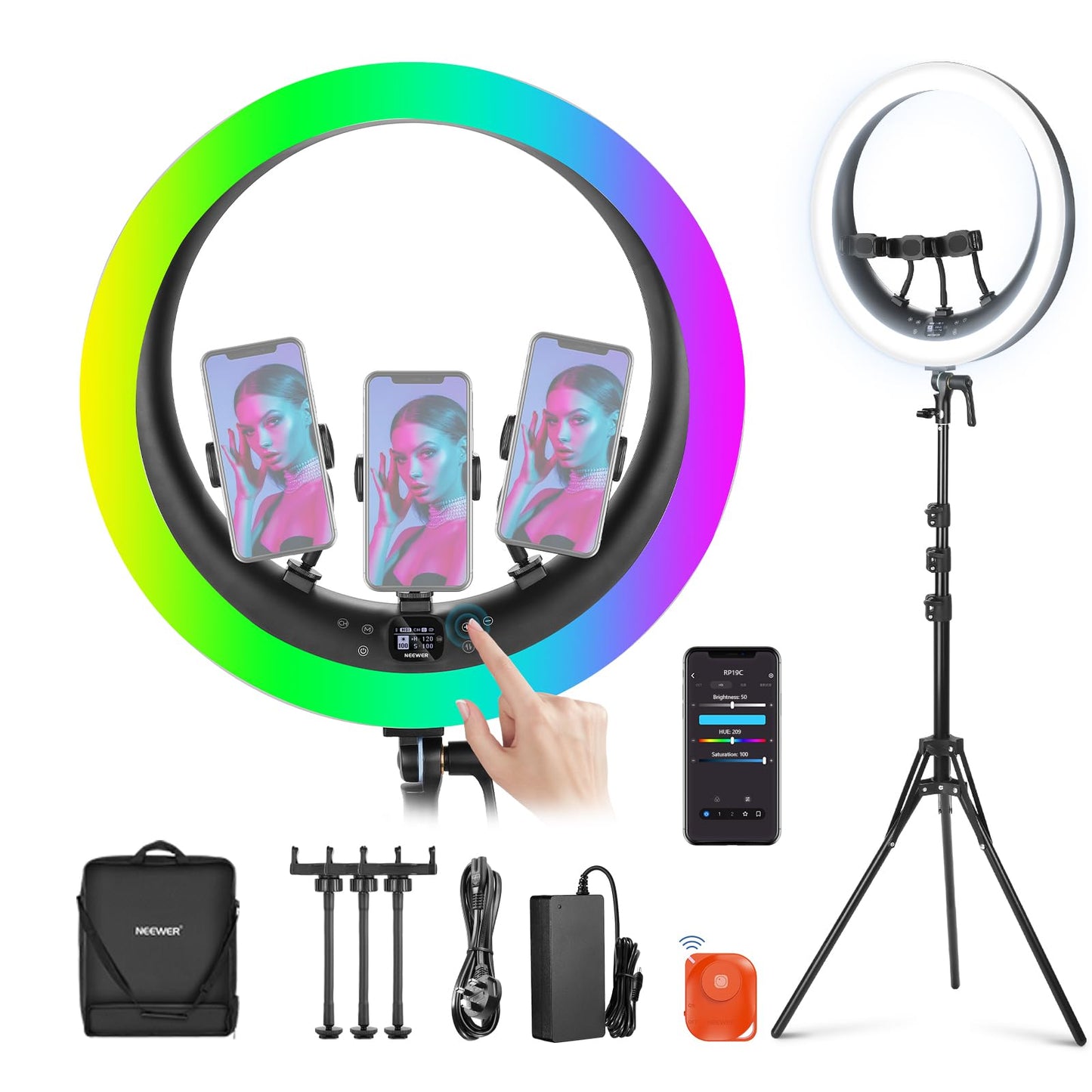 NEEWER Ring Light RP19H 19 inch with Tripod Stand 3 Phone Holders Compatible with iPhone, Upgraded 2.4G Touch Control Ringlight for Video Recording Streaming Home Office Zoom Selfie Makeup Lighting