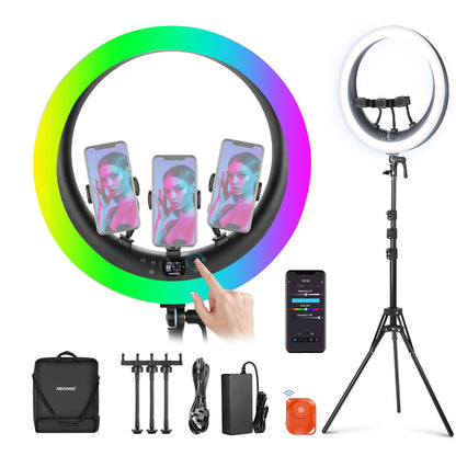 NEEWER Ring Light RP19H 19 inch with Tripod Stand 3 Phone Holders Compatible with iPhone, Upgraded 2.4G Touch Control Ringlight for Video Recording Streaming Home Office Zoom Selfie Makeup Lighting