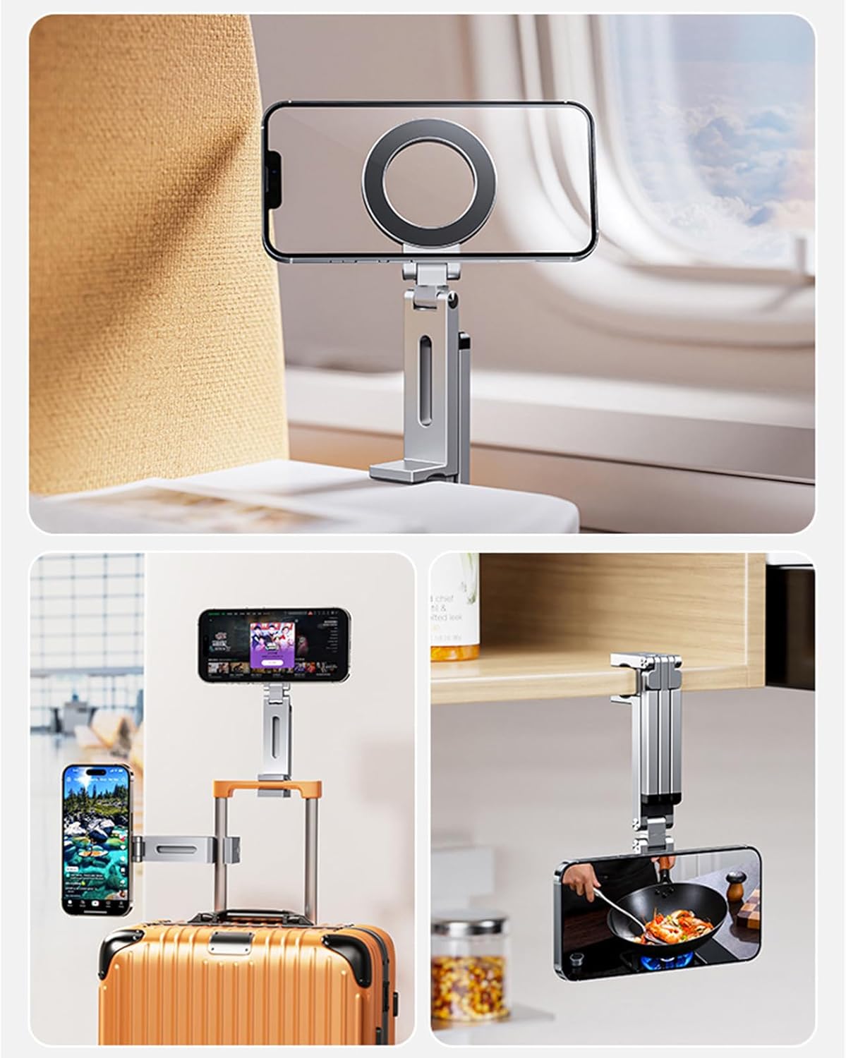 Magnetic Phone Tripod Stand, Portable Selfie Stick Tripod Magic Clip & N52 Magnet, Universal Clip Mount for iPhone & Android, 360° Adjustable for Vlog, Travel, Car, Desktop Use (Silver)