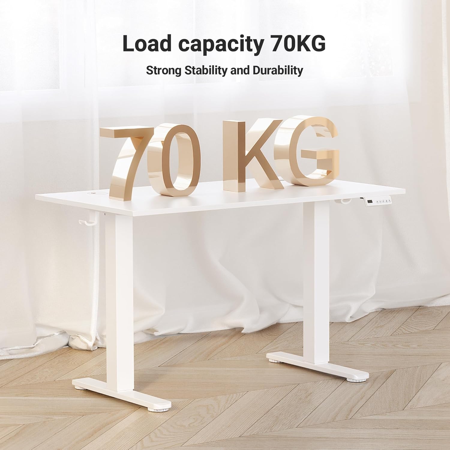 Claiks Electric Standing Desk 140x60cm Height Adjustable Desk with 3 Memory Presets & Sit Stand Reminder, Quiet Home Office Computer Desk with LED Display, Cable Holes & Hooks, White