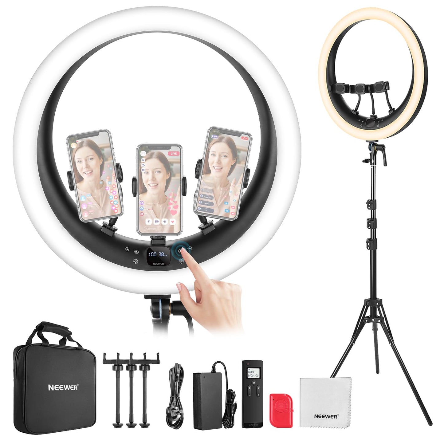 NEEWER Ring Light RP19H 19 inch with Tripod Stand 3 Phone Holders Compatible with iPhone, Upgraded 2.4G Touch Control Ringlight for Video Recording Streaming Home Office Zoom Selfie Makeup Lighting