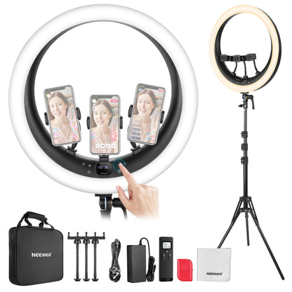 NEEWER Ring Light RP19H 19 inch with Tripod Stand 3 Phone Holders Compatible with iPhone, Upgraded 2.4G Touch Control Ringlight for Video Recording Streaming Home Office Zoom Selfie Makeup Lighting