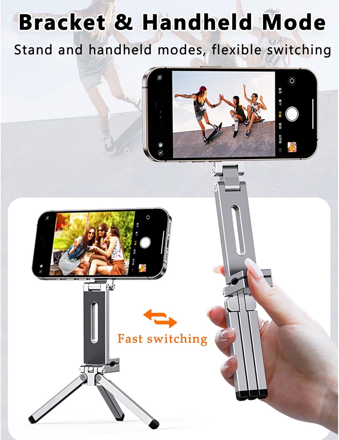 Magnetic Phone Tripod Stand, Portable Selfie Stick Tripod Magic Clip & N52 Magnet, Universal Clip Mount for iPhone & Android, 360° Adjustable for Vlog, Travel, Car, Desktop Use (Silver)
