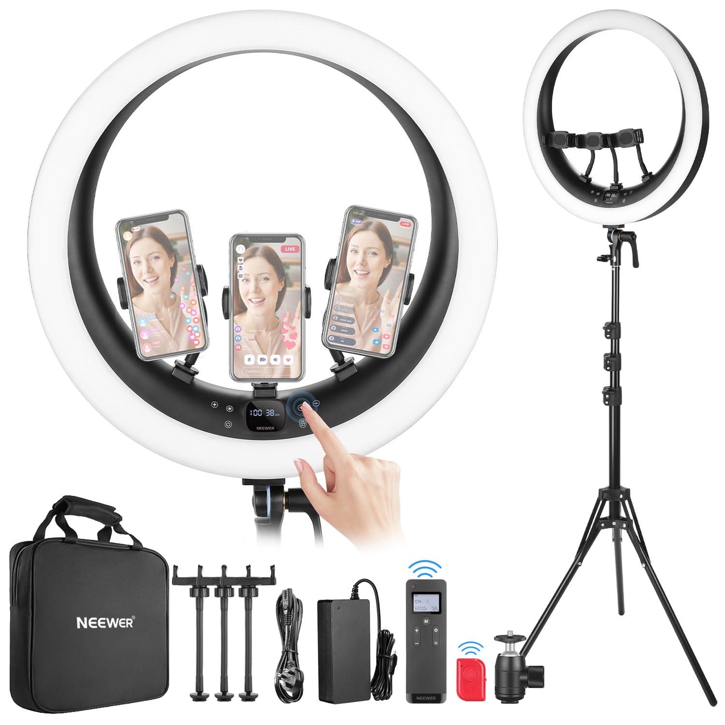 NEEWER Ring Light RP19H 19 inch with Tripod Stand 3 Phone Holders Compatible with iPhone, Upgraded 2.4G Touch Control Ringlight for Video Recording Streaming Home Office Zoom Selfie Makeup Lighting