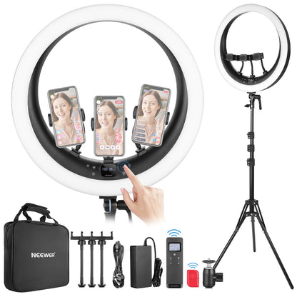 NEEWER Ring Light RP19H 19 inch with Tripod Stand 3 Phone Holders Compatible with iPhone, Upgraded 2.4G Touch Control Ringlight for Video Recording Streaming Home Office Zoom Selfie Makeup Lighting