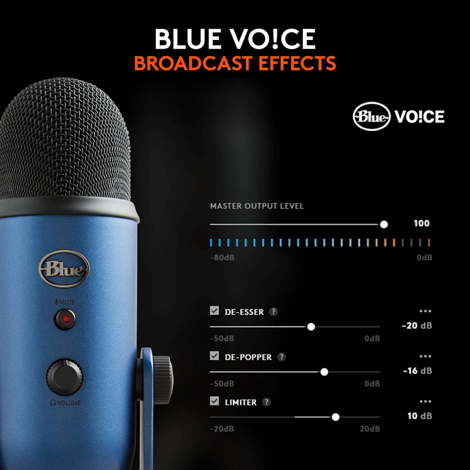 Logitech for Creators Blue Yeti USB Microphone for Recording, Streaming, Gaming, Podcasting on PC and Mac, Condenser Mic for Laptop or Computer with Blue VO!CE Effects, Adjustable Stand - Blue
