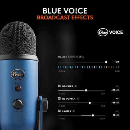 Logitech for Creators Blue Yeti USB Microphone for Recording, Streaming, Gaming, Podcasting on PC and Mac, Condenser Mic for Laptop or Computer with Blue VO!CE Effects, Adjustable Stand - Blue