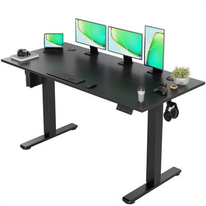Claiks Electric Standing Desk 140x60cm Height Adjustable Desk with 3 Memory Presets & Sit Stand Reminder, Quiet Home Office Computer Desk with LED Display, Cable Holes & Hooks, White