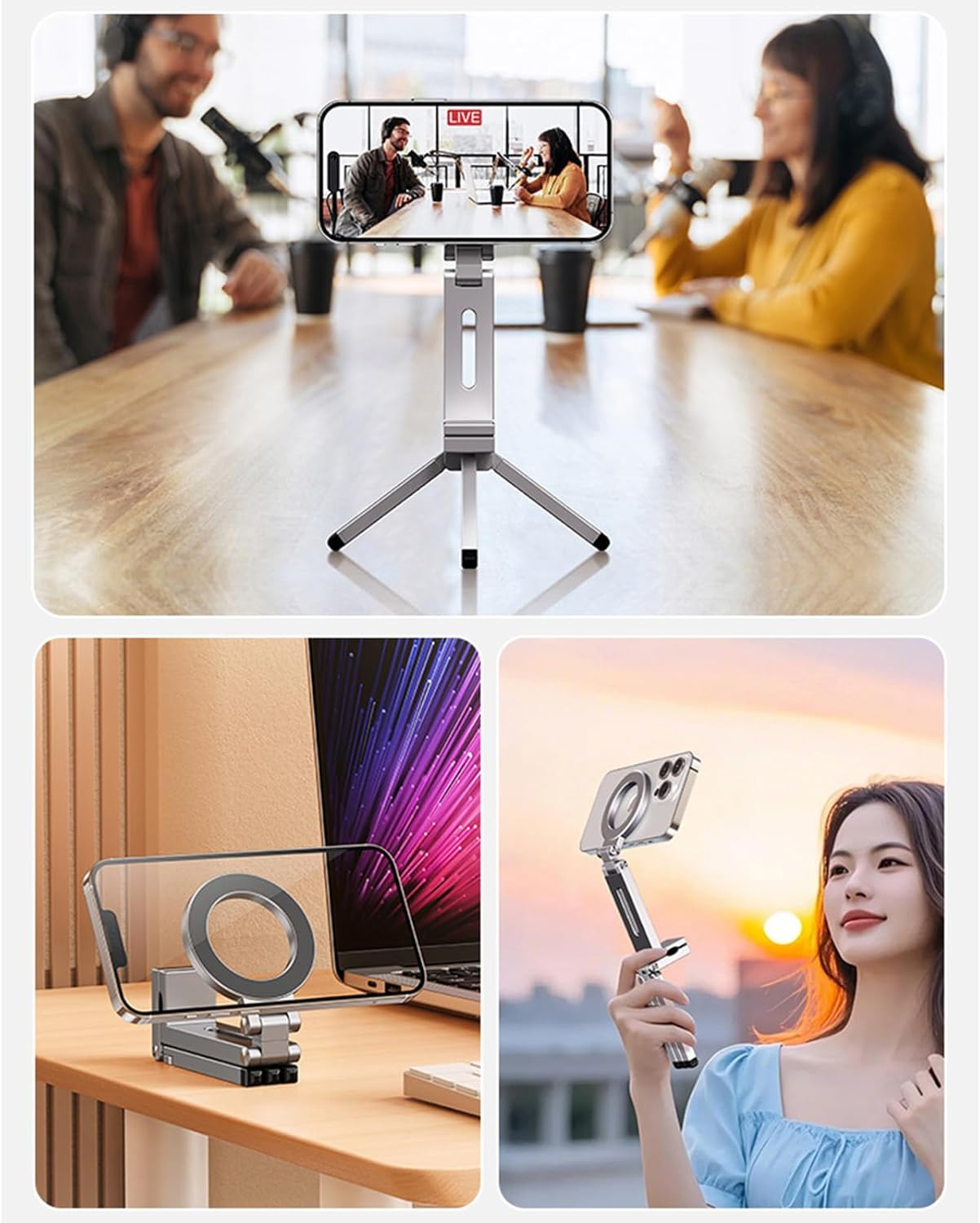 Magnetic Phone Tripod Stand, Portable Selfie Stick Tripod Magic Clip & N52 Magnet, Universal Clip Mount for iPhone & Android, 360° Adjustable for Vlog, Travel, Car, Desktop Use (Silver)
