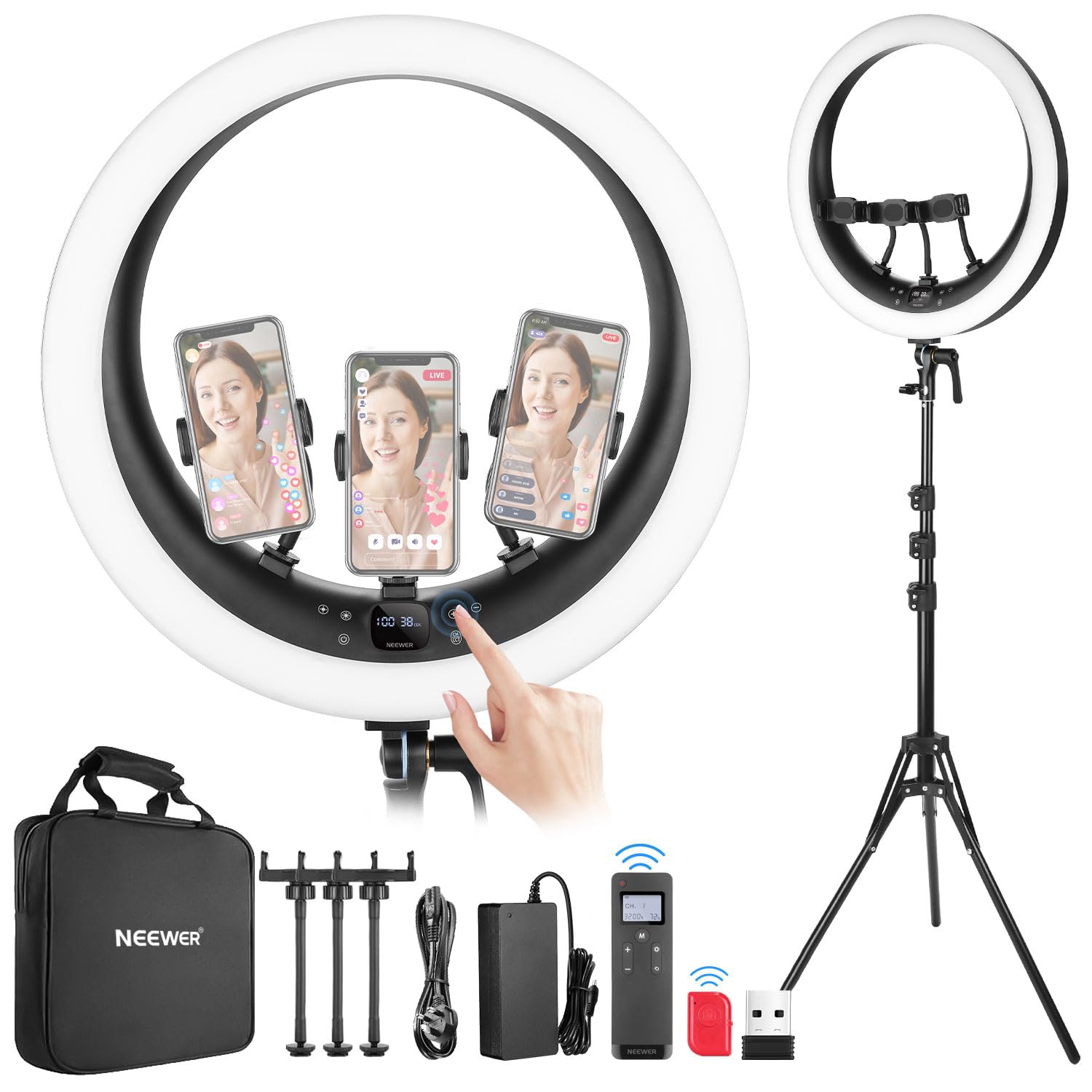 NEEWER Ring Light RP19H 19 inch with Tripod Stand 3 Phone Holders Compatible with iPhone, Upgraded 2.4G Touch Control Ringlight for Video Recording Streaming Home Office Zoom Selfie Makeup Lighting