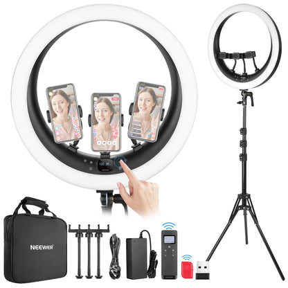 NEEWER Ring Light RP19H 19 inch with Tripod Stand 3 Phone Holders Compatible with iPhone, Upgraded 2.4G Touch Control Ringlight for Video Recording Streaming Home Office Zoom Selfie Makeup Lighting