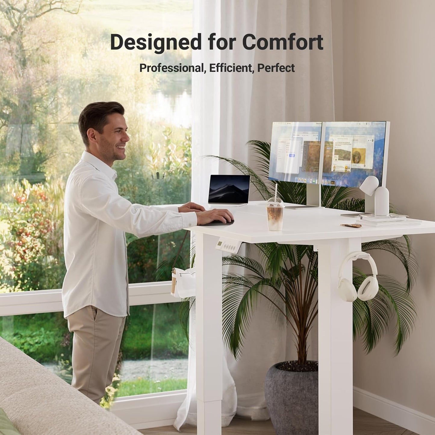 Claiks Electric Standing Desk 140x60cm Height Adjustable Desk with 3 Memory Presets & Sit Stand Reminder, Quiet Home Office Computer Desk with LED Display, Cable Holes & Hooks, White