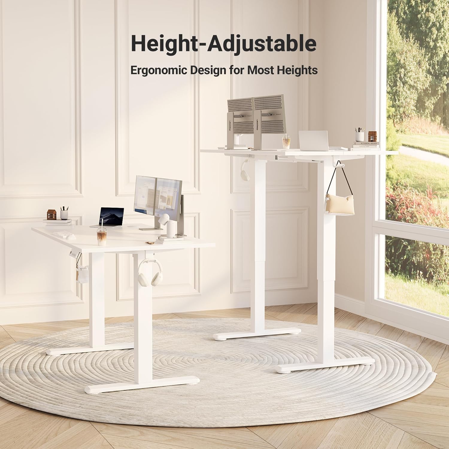 Claiks Electric Standing Desk 140x60cm Height Adjustable Desk with 3 Memory Presets & Sit Stand Reminder, Quiet Home Office Computer Desk with LED Display, Cable Holes & Hooks, White