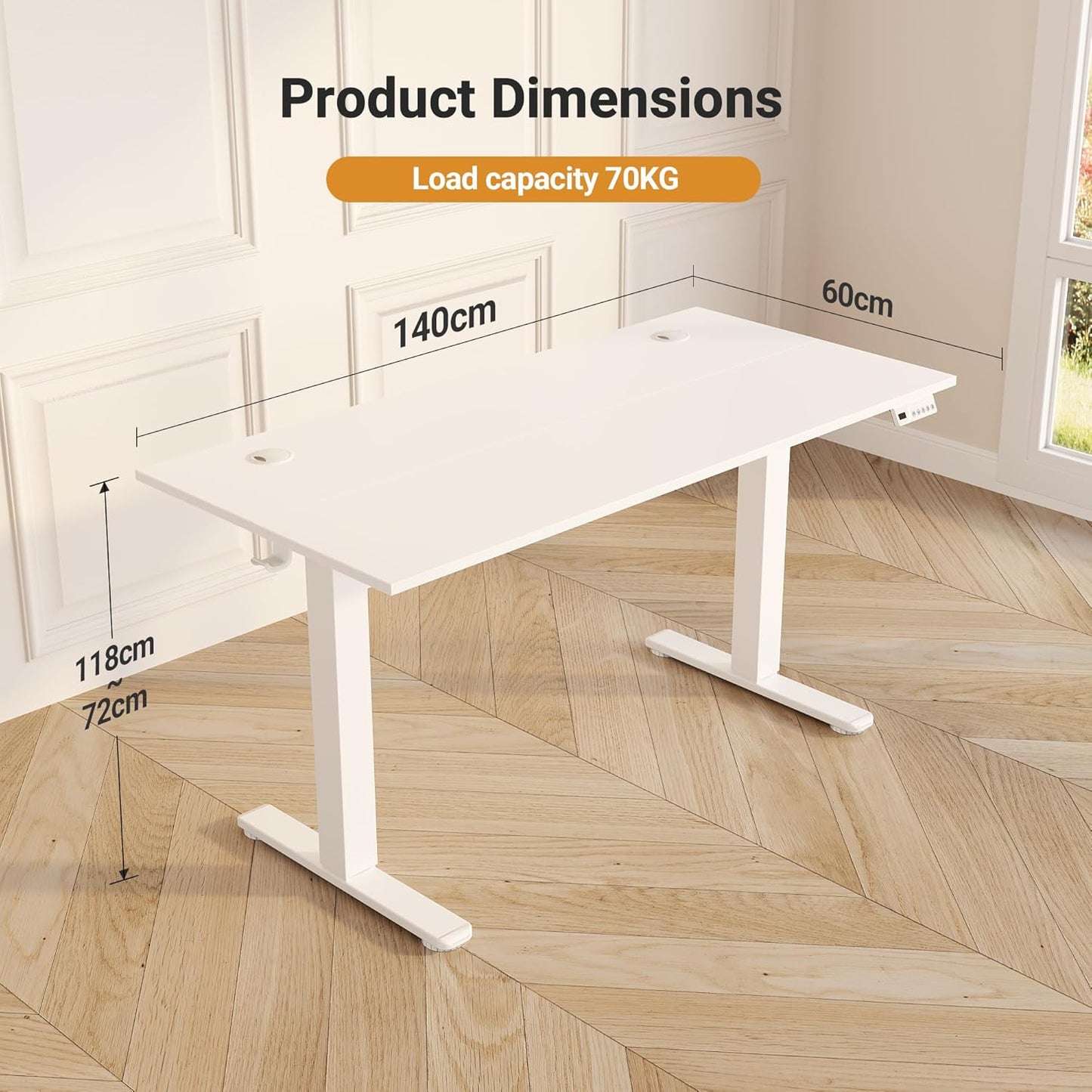 Claiks Electric Standing Desk 140x60cm Height Adjustable Desk with 3 Memory Presets & Sit Stand Reminder, Quiet Home Office Computer Desk with LED Display, Cable Holes & Hooks, White