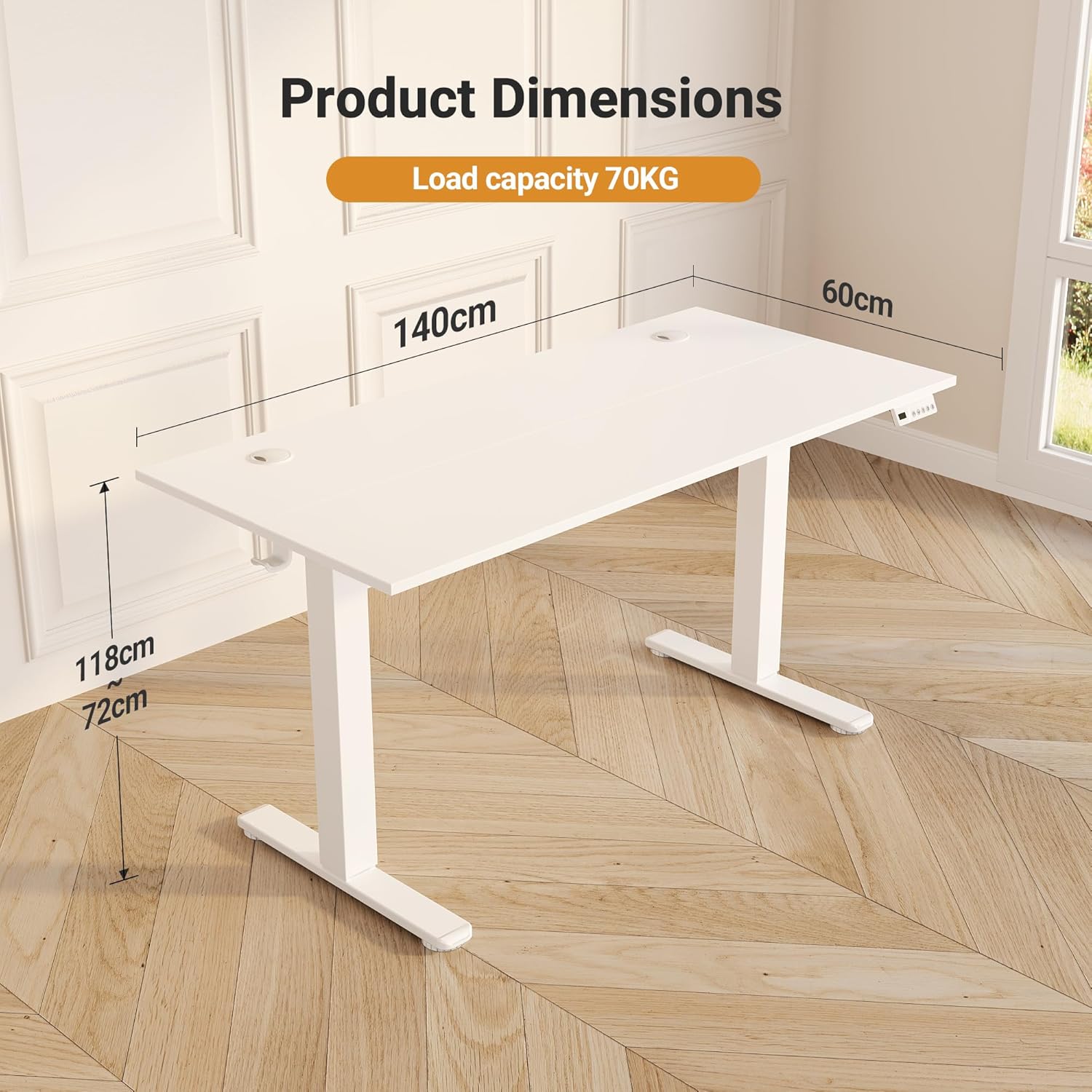 Claiks Electric Standing Desk 140x60cm Height Adjustable Desk with 3 Memory Presets & Sit Stand Reminder, Quiet Home Office Computer Desk with LED Display, Cable Holes & Hooks, White