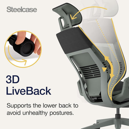 Steelcase Gesture Ergonomic Office Chair With 360° Armrests, 3D Live Back Lumbar Support, Adjustable Headrest Black; Made in Europe, 66 x 62.5 x 107